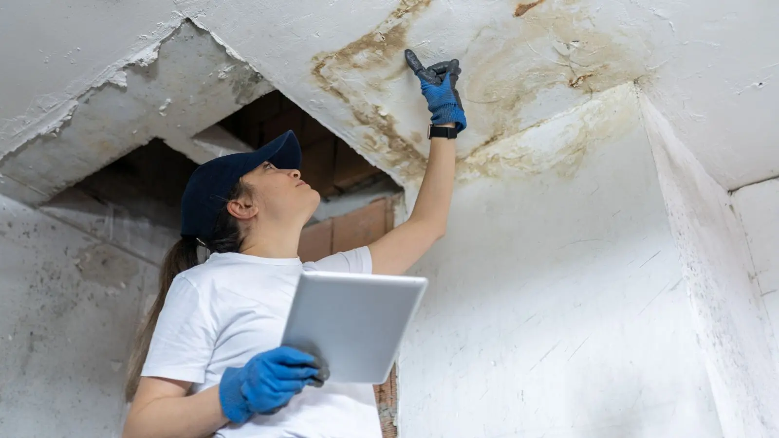 Inspector with a tablet checking a water-damaged ceiling