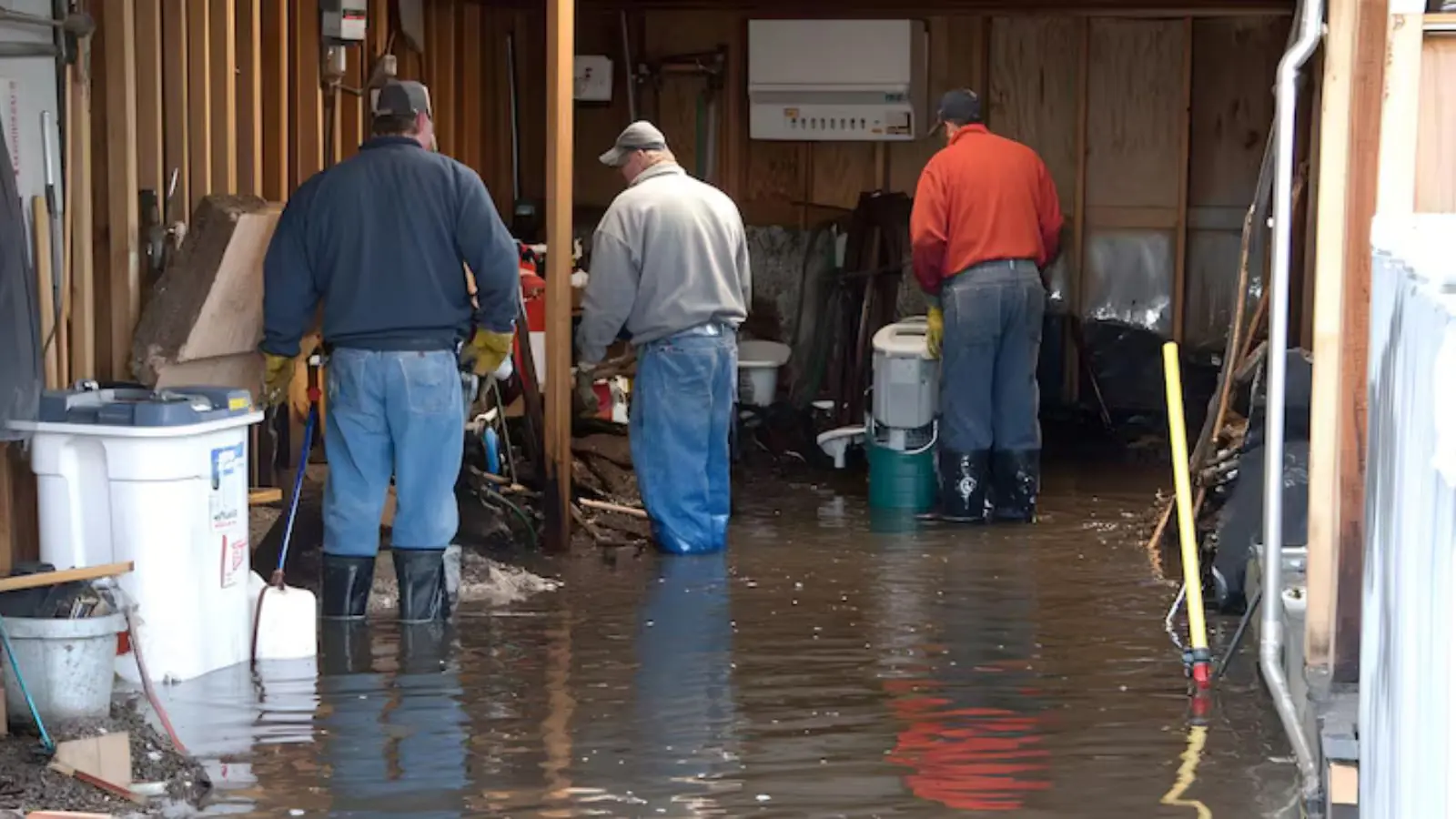 Workers pumping standing water out of a flooded basement