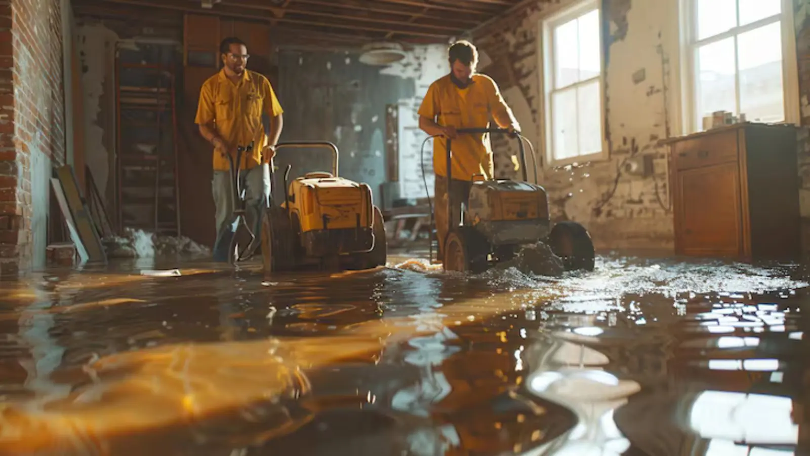 Crew running floor cleaning machines in a water-damaged room