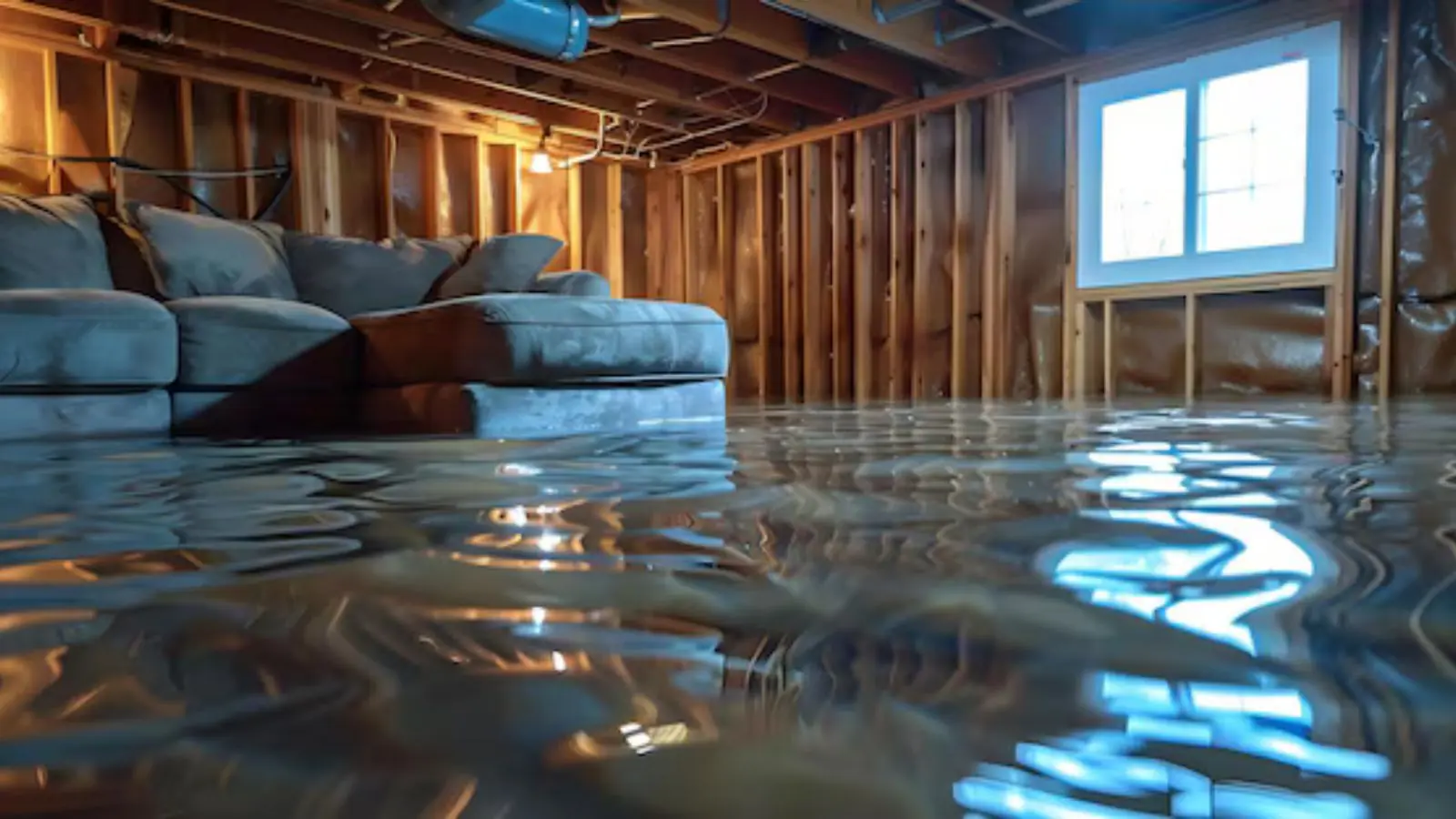 Flooded basement with exposed framing where drying work is about to begin